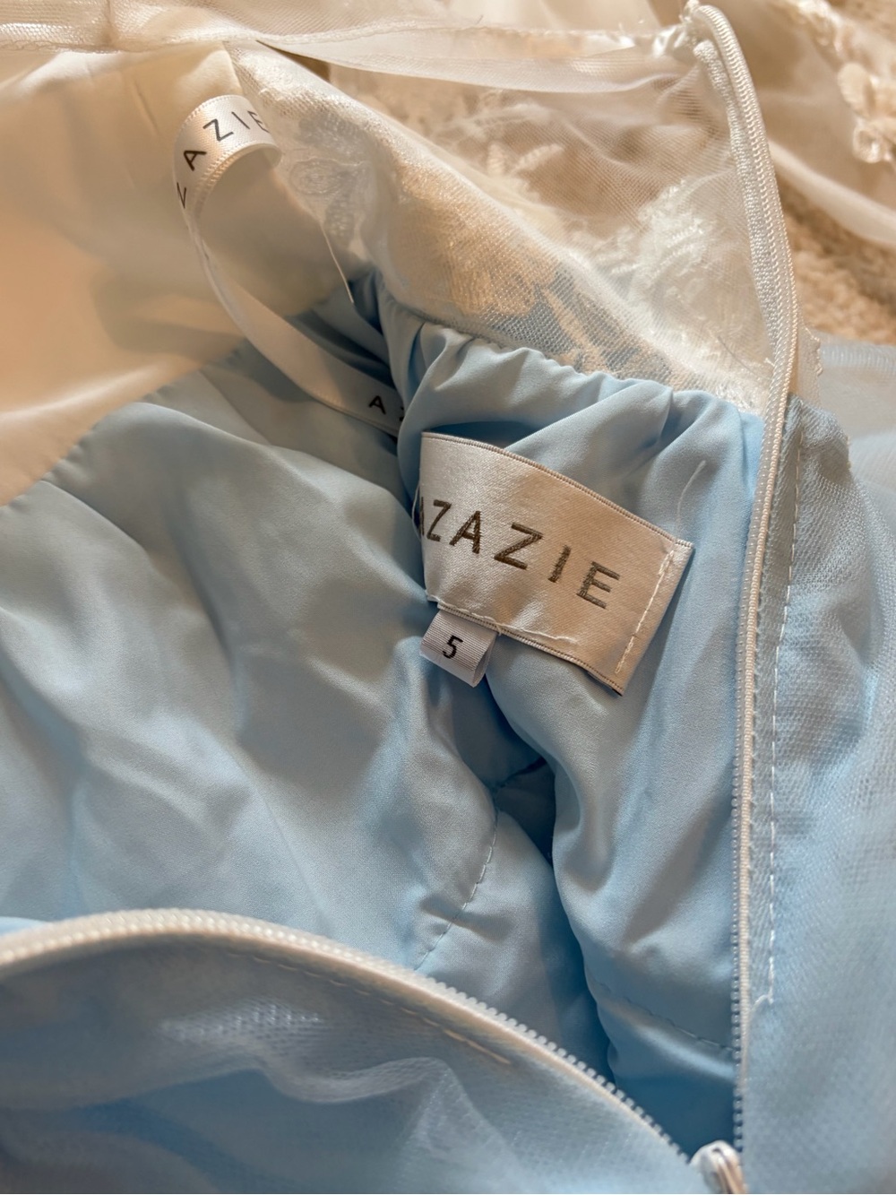 Azazie White and Light Blue Floral Appliqué Tulle Dress for Girls Flower Girl - Picture 15 of 16